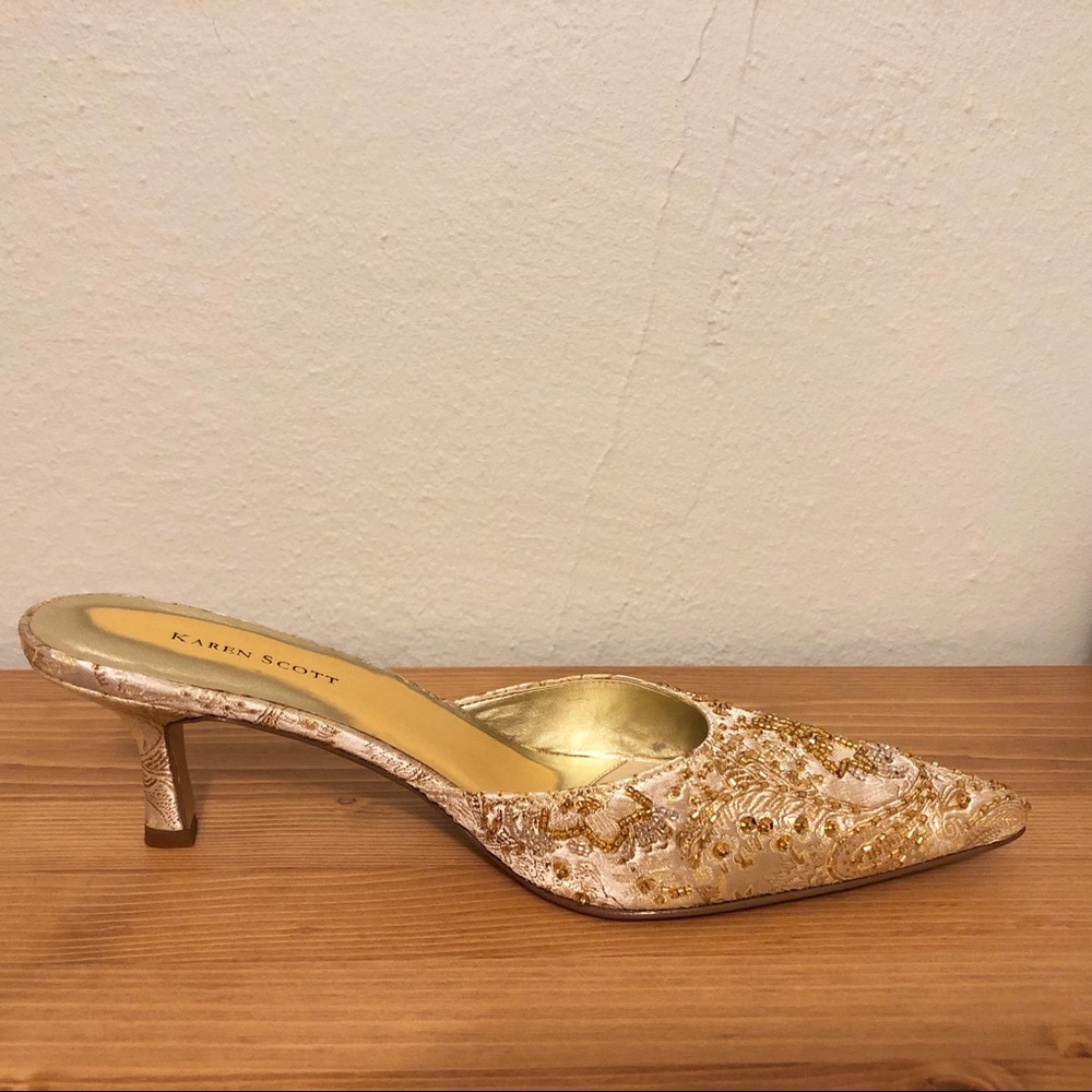 Karen Scott Beaded Ivory and Gold Mules NEW